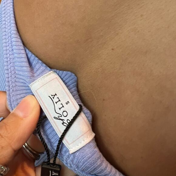 NWT Oh Polly Lila Ribbed Modal Lace-Trim Mini Dress in Bluebell Purple S - Picture 7 of 7